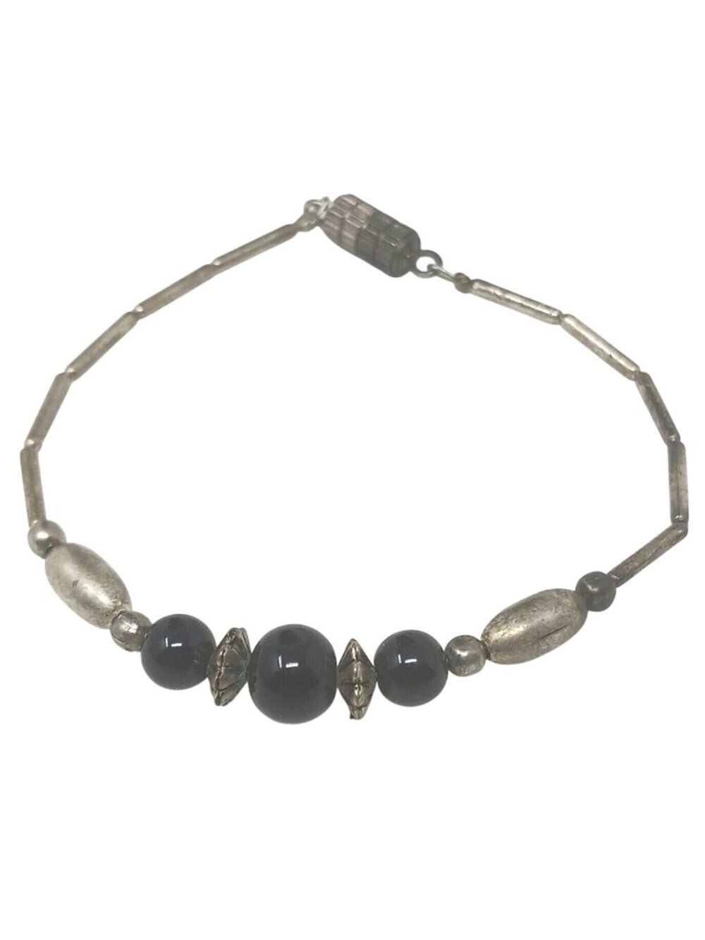 Black Bead Liquid Silver Bracelet Sterling & Mix Metals Barrel Clasp 7" VTG #G-1